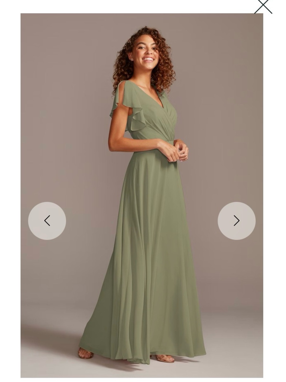 David's Bridal Eucalypt Green Wrap Maxi Dress with Ruffle Cap Sleeves